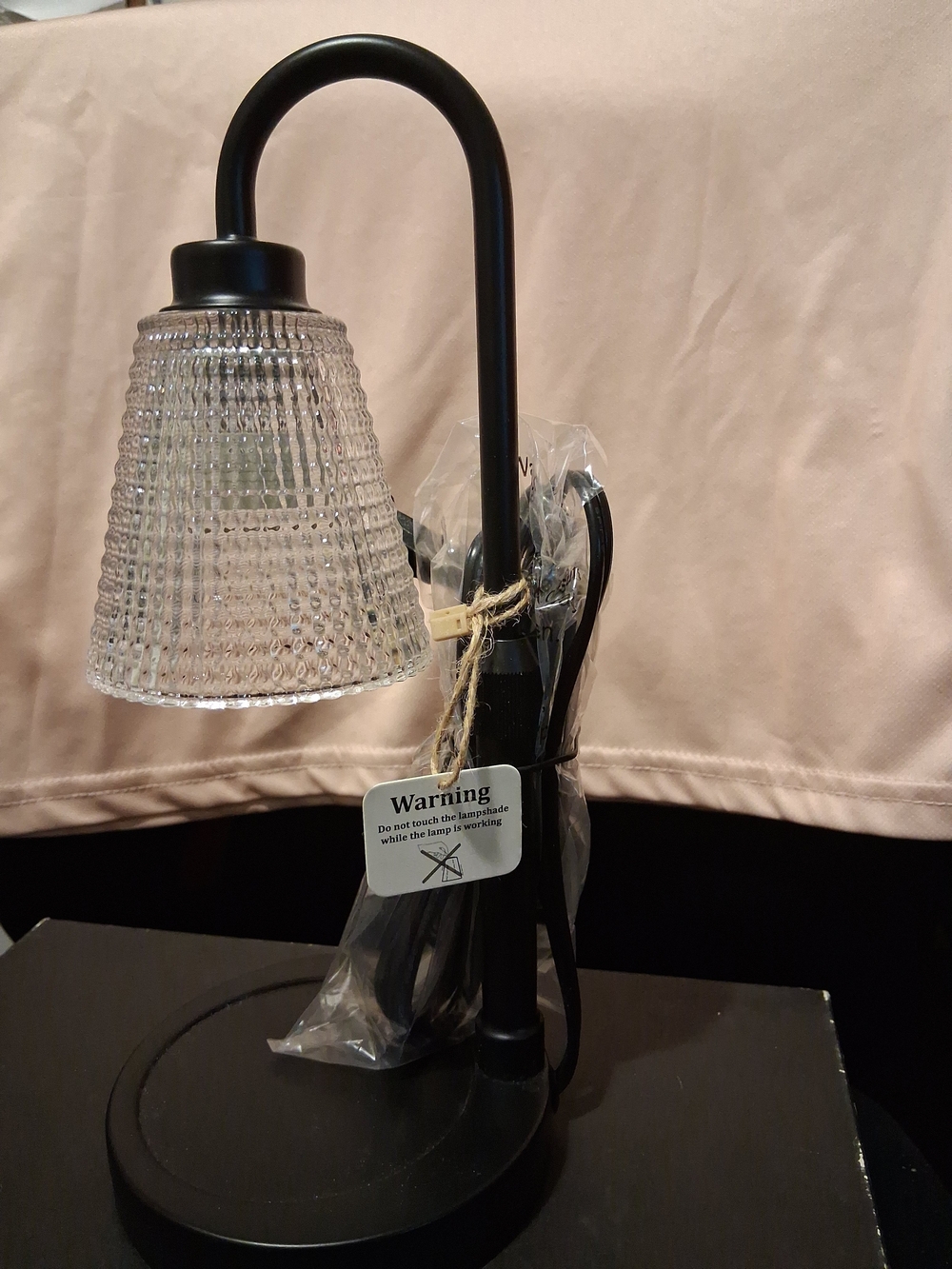 Black Table Warming Lamp with Clear Textured Glass Shade